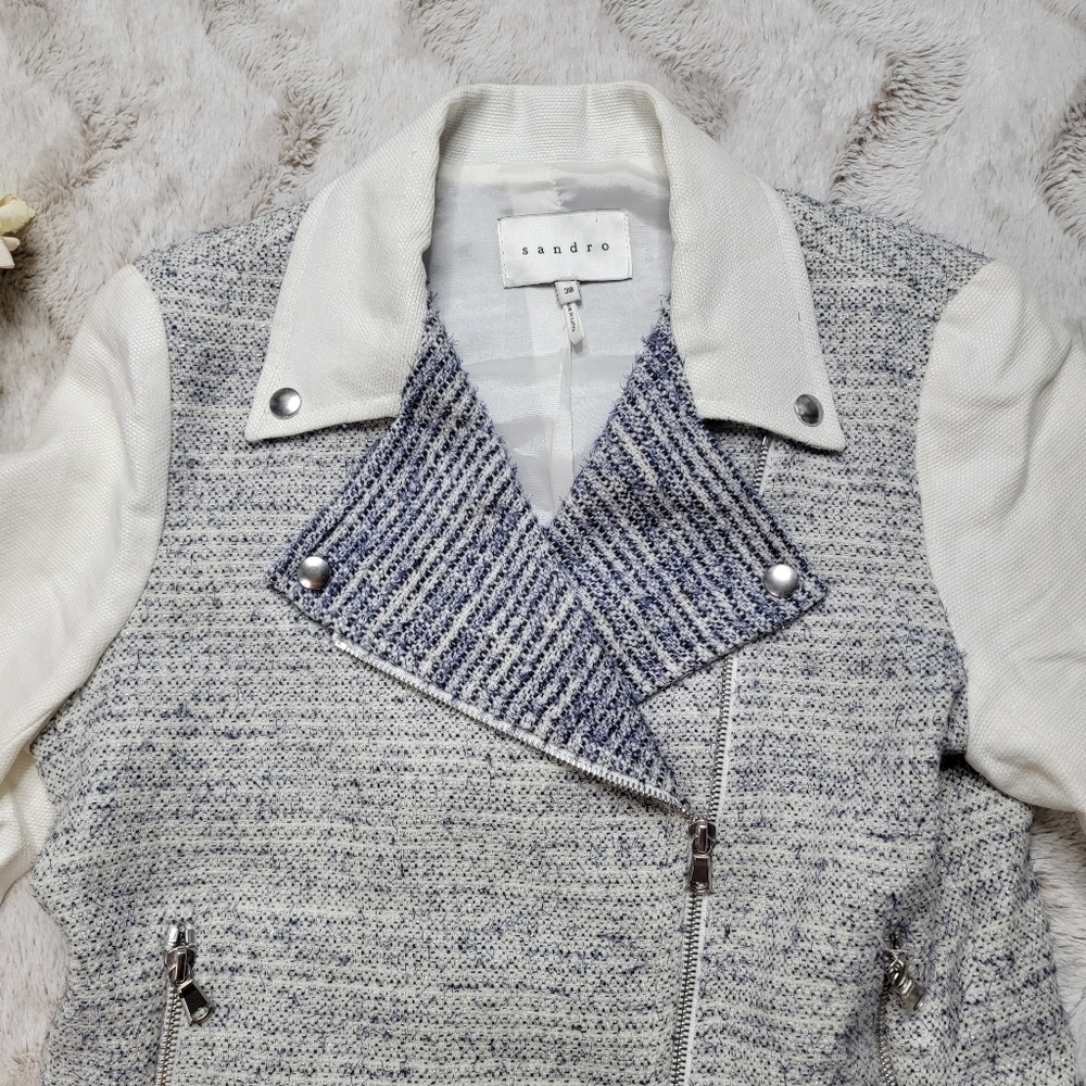 Sandro Paris‎ Vernis Tweed Moto Jacket Blue White Gray Size 38 - Picture 4 of 14